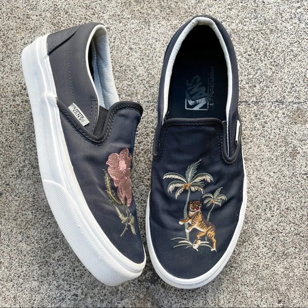 Vans Black Slip-On Sneakers with Embroidered Tiger & Palm Design